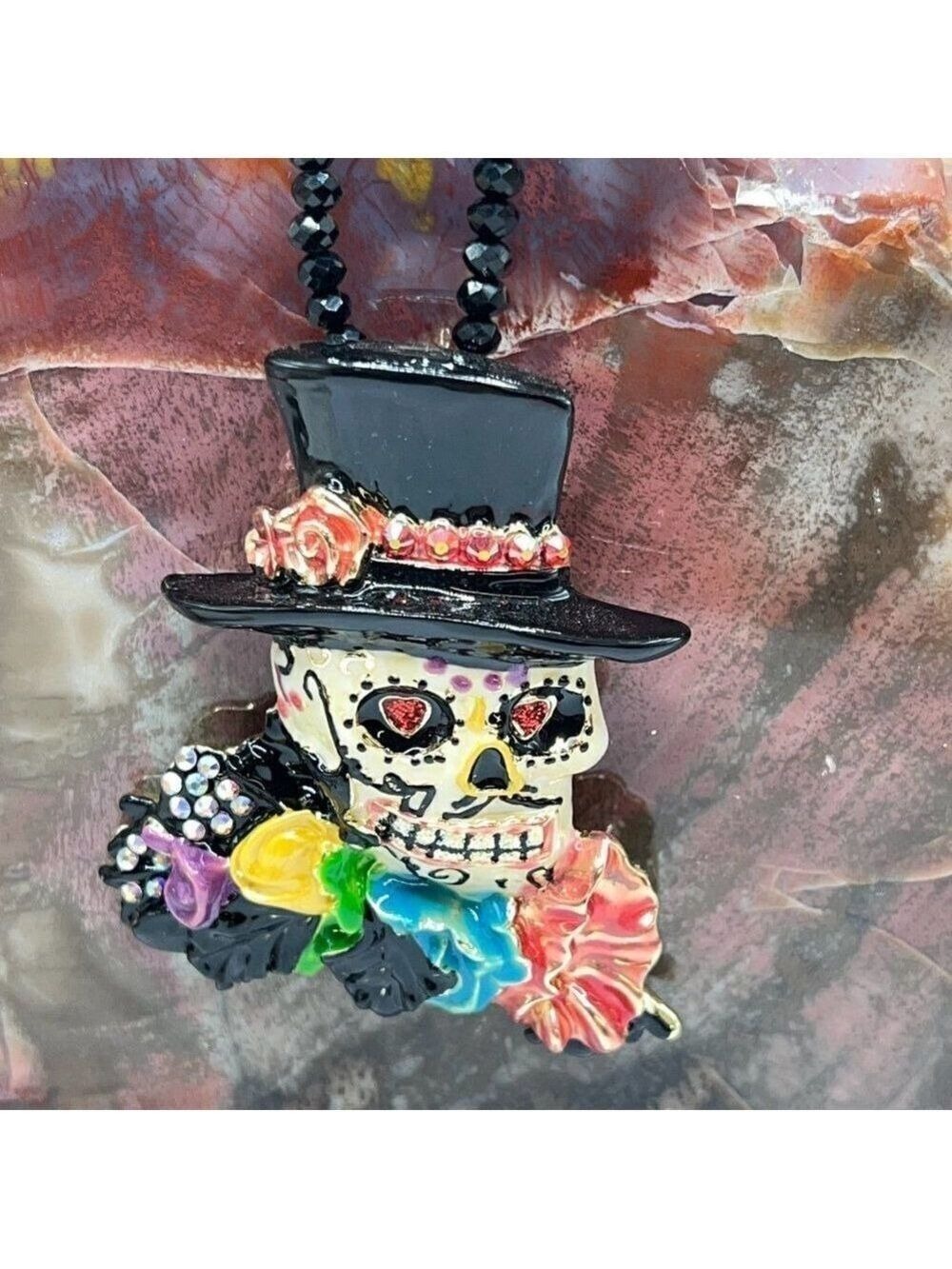 Kirks Folly Freida Sugar Skull Pin Pendant and Beaded Necklace